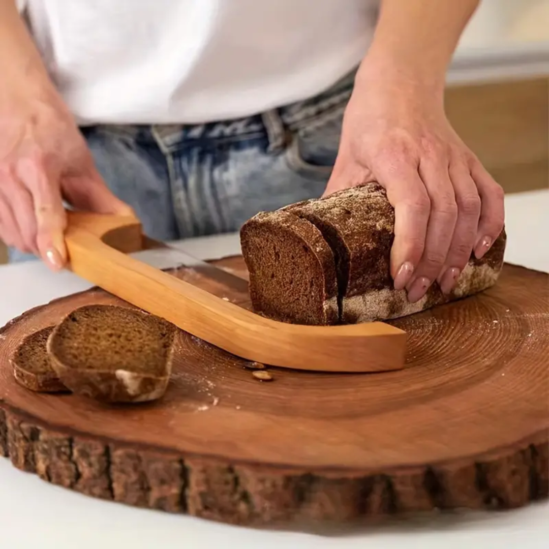"Bamboo-handled stainless steel bread bow cutter, elegant design, perfect for slicing fresh bread with precision and style."