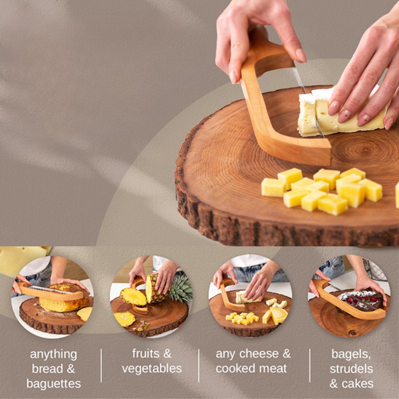 "Bamboo-handled stainless steel bread bow cutter, elegant design, perfect for slicing fresh bread with precision and style."