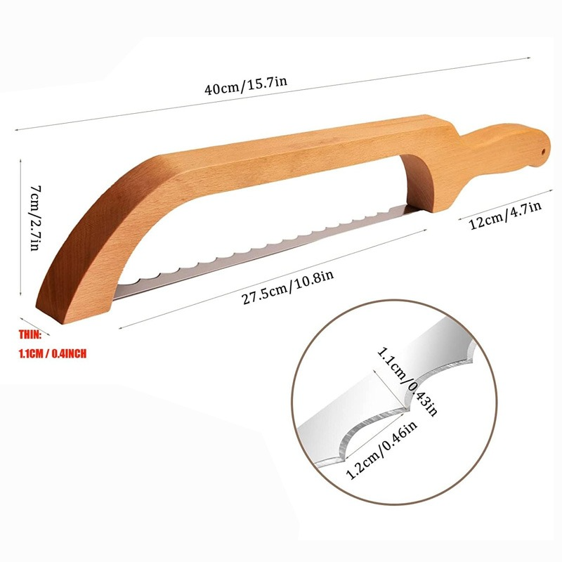 "Bamboo-handled stainless steel bread bow cutter, elegant design, perfect for slicing fresh bread with precision and style."