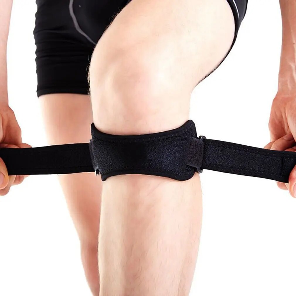 "Black adjustable patella knee strap for pain relief, providing targeted compression and support for athletes and fitness ent