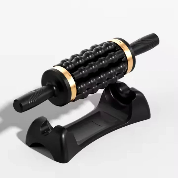 "Black deep tissue percussive massager with sleek design, portable for wellness, offering tension relief and muscle recovery.