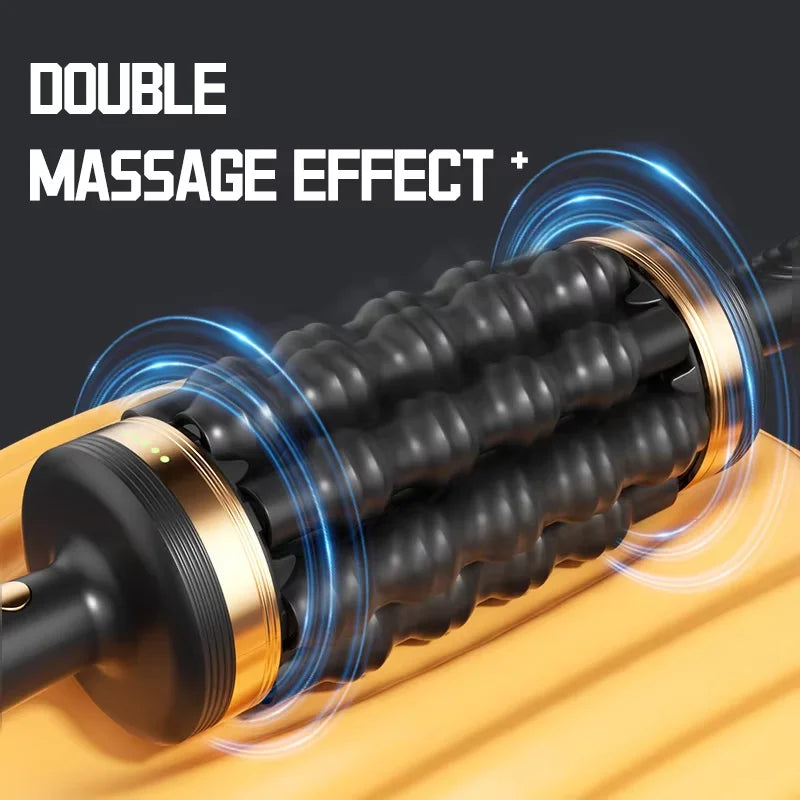 "Black deep tissue percussive massager with sleek design, portable for wellness, offering tension relief and muscle recovery.