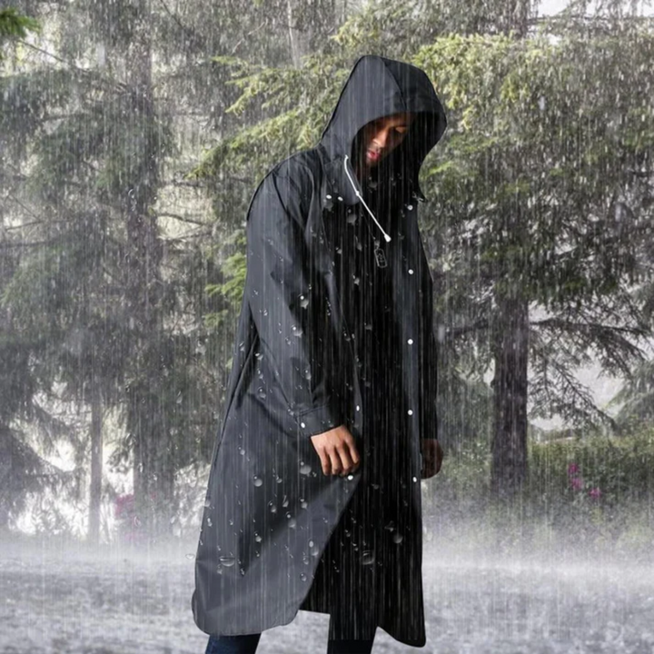 Black long waterproof men's rain jacket with hood, stylish and functional, for versatile wear in any weather.