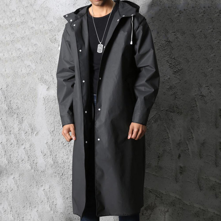Black long waterproof men's rain jacket with hood, stylish and functional, for versatile wear in any weather.