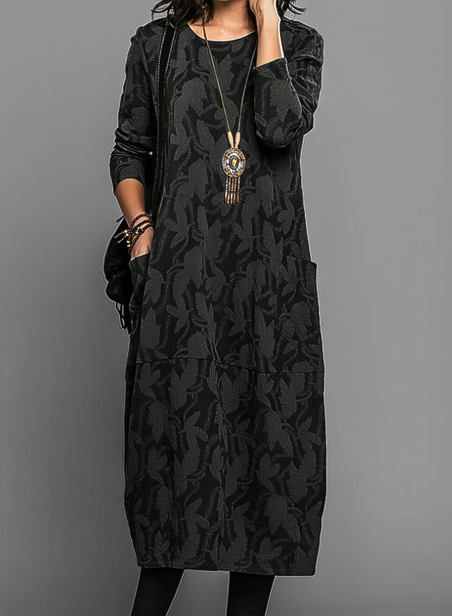 "Burgundy winter dress with chic prints and pockets, elegant design for casual and formal occasions, cozy fabric."