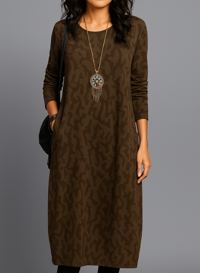 "Burgundy winter dress with chic prints and pockets, elegant design for casual and formal occasions, cozy fabric."