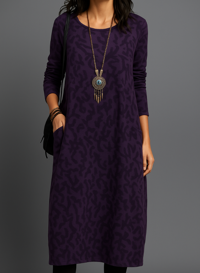 "Burgundy winter dress with chic prints and pockets, elegant design for casual and formal occasions, cozy fabric."