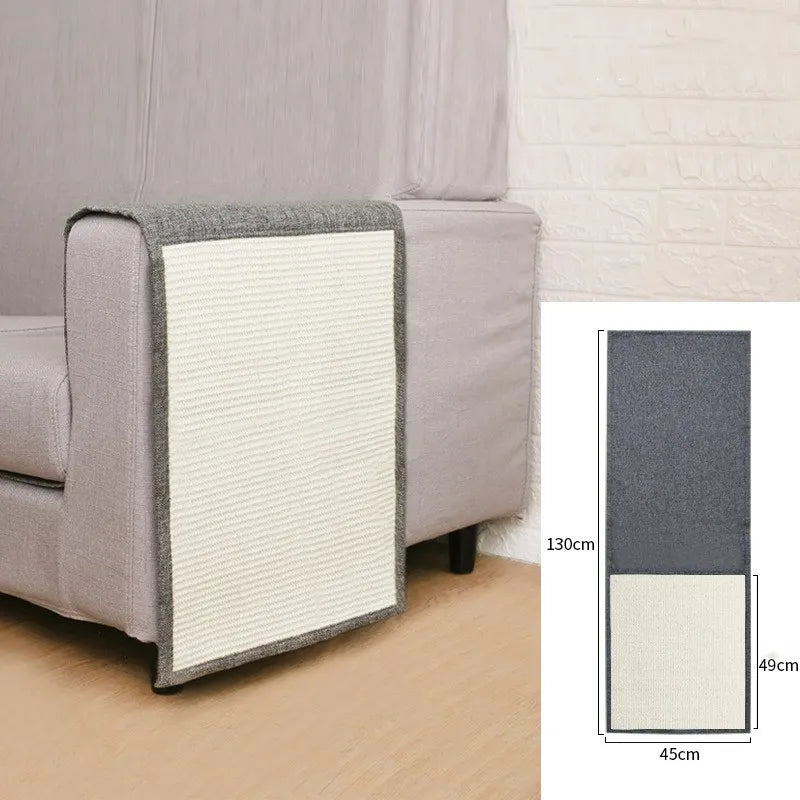 "Cat scratch protector mat for sofa armrest with sisal, discreet design, prevents furniture damage, enhances home decor."