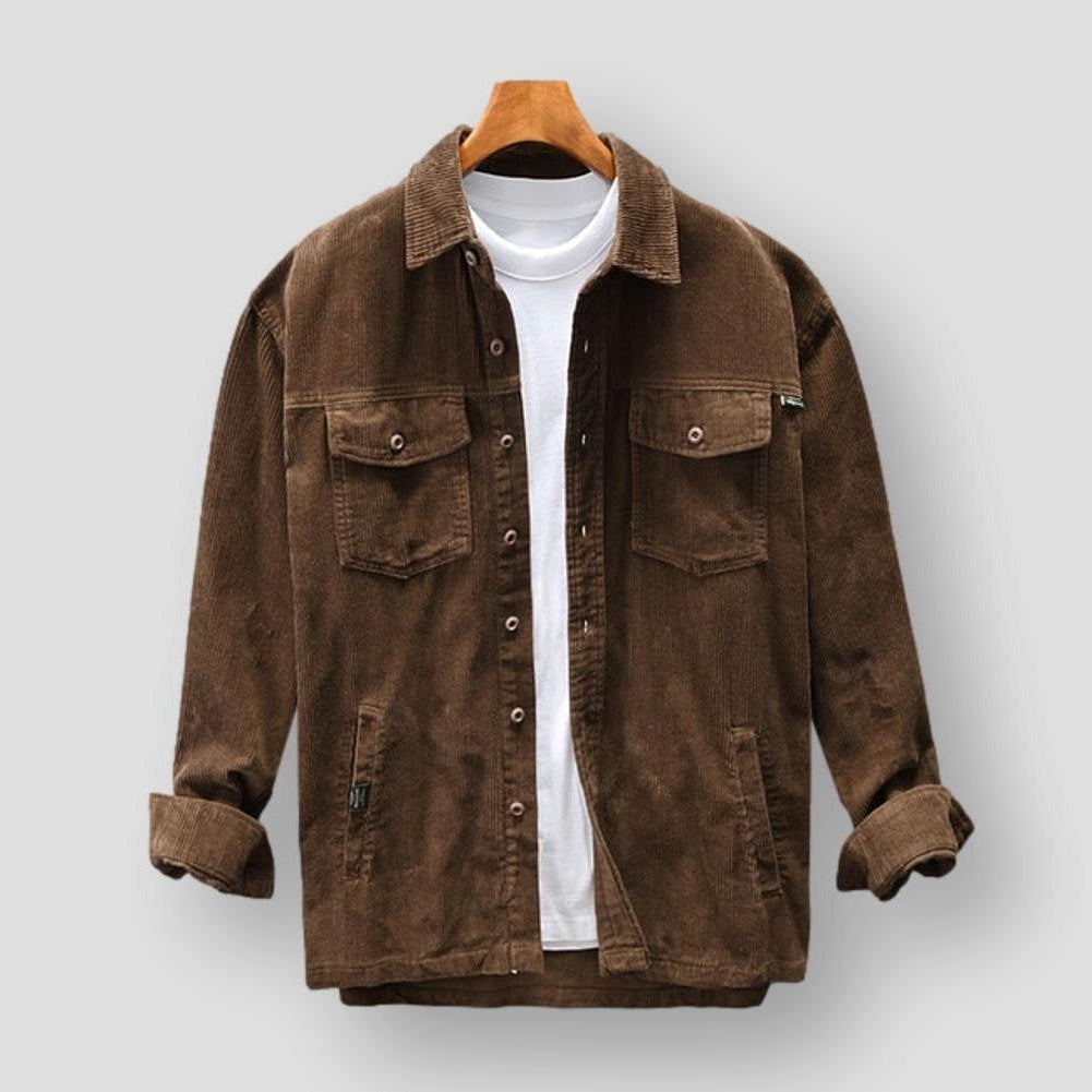"Classic men's corduroy shirt with long sleeves, retro buttons, and a sleek fit in versatile colors for casual or formal wear