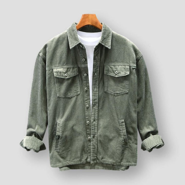 "Classic men's corduroy shirt with long sleeves, retro buttons, and a sleek fit in versatile colors for casual or formal wear