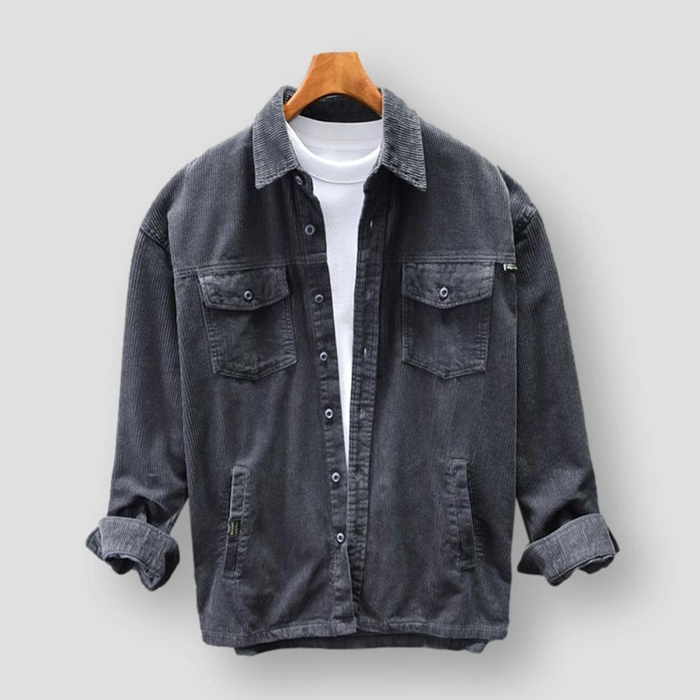 "Classic men's corduroy shirt with long sleeves, retro buttons, and a sleek fit in versatile colors for casual or formal wear