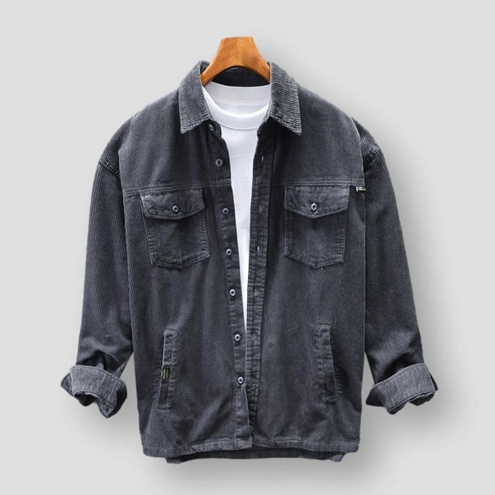 "Classic men's corduroy shirt with long sleeves, retro buttons, and a sleek fit in versatile colors for casual or formal wear