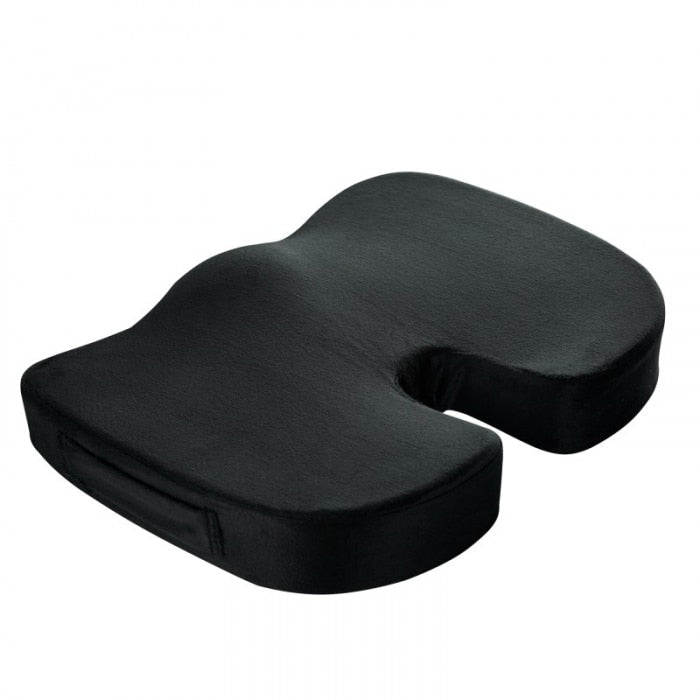 "Coccyx cushion with U-shape cutout, gray memory foam for tailbone pain relief, ergonomic design, enhances sitting comfort."