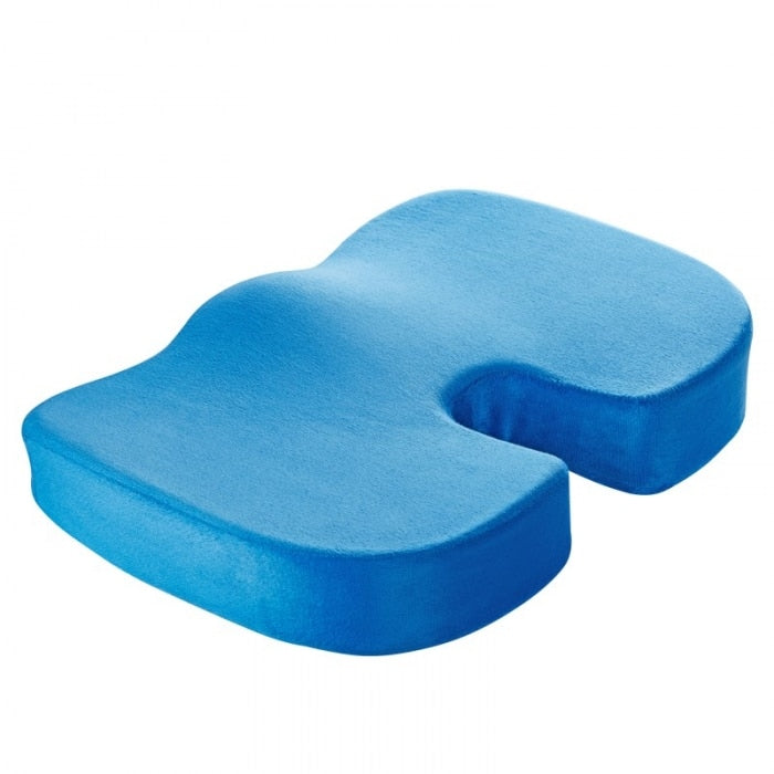 "Coccyx cushion with U-shape cutout, gray memory foam for tailbone pain relief, ergonomic design, enhances sitting comfort."