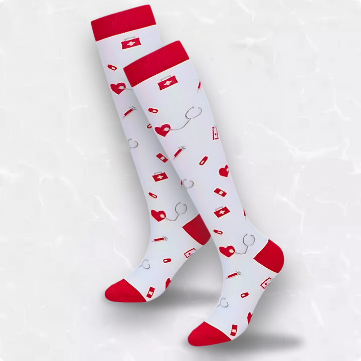 "Colorful compression socks for nurses with medical patterns featuring stethoscopes and syringes, boosting leg comfort."
