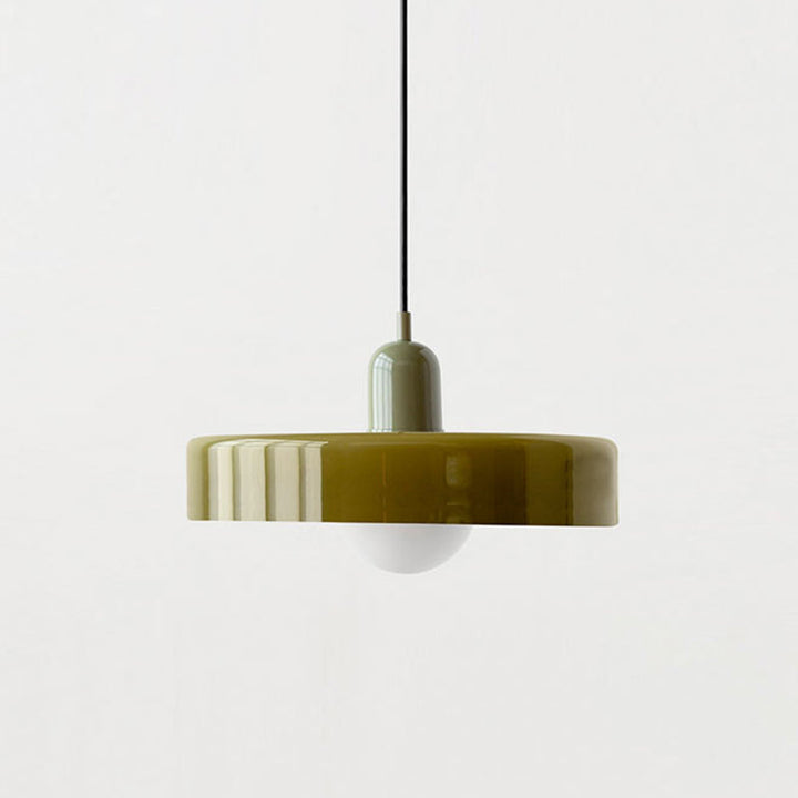 "Colourful glass pendant lamp in Bauhaus style featuring red, green, pink, and yellow stained glass for artistic decor."