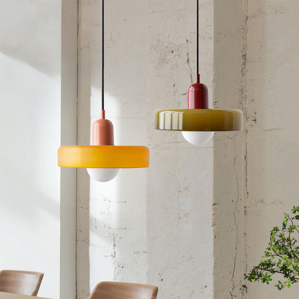 "Colourful glass pendant lamp in Bauhaus style featuring red, green, pink, and yellow stained glass for artistic decor."