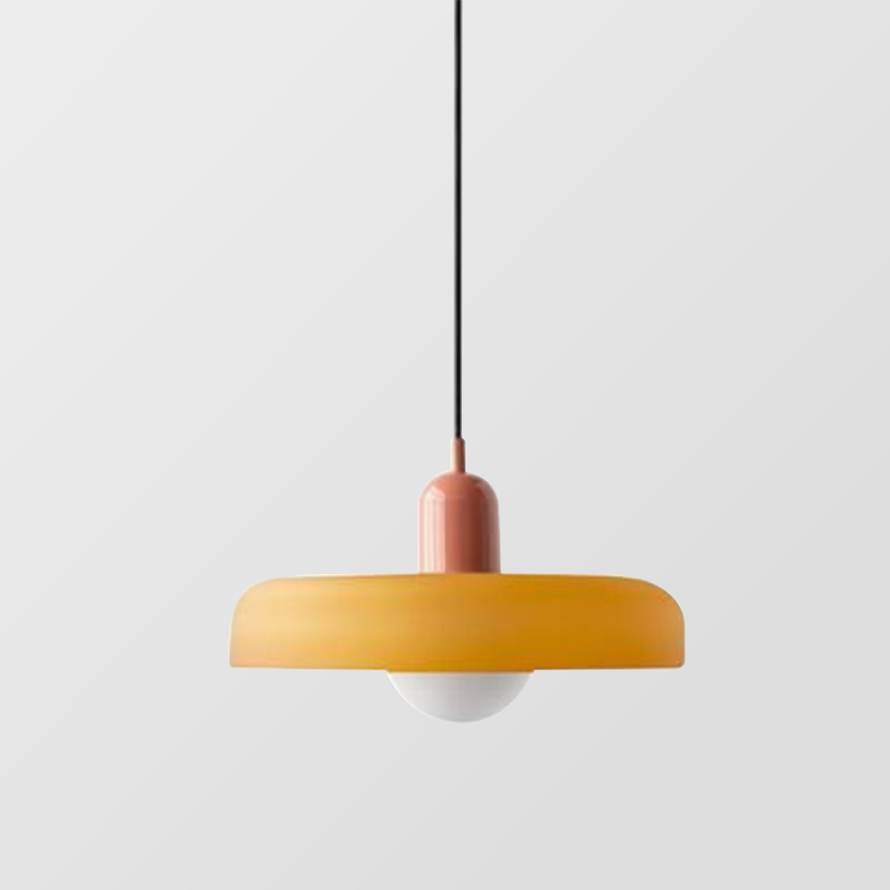 "Colourful glass pendant lamp in Bauhaus style featuring red, green, pink, and yellow stained glass for artistic decor."