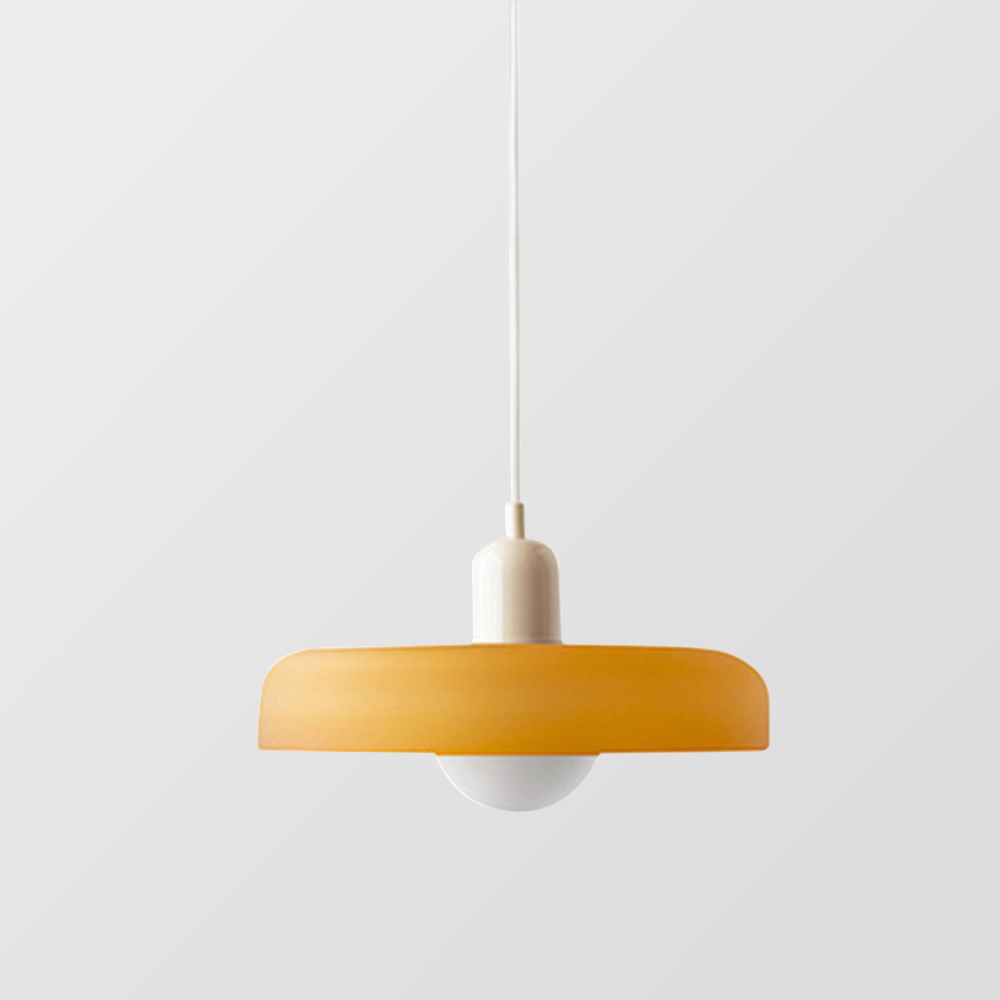 "Colourful glass pendant lamp in Bauhaus style featuring red, green, pink, and yellow stained glass for artistic decor."