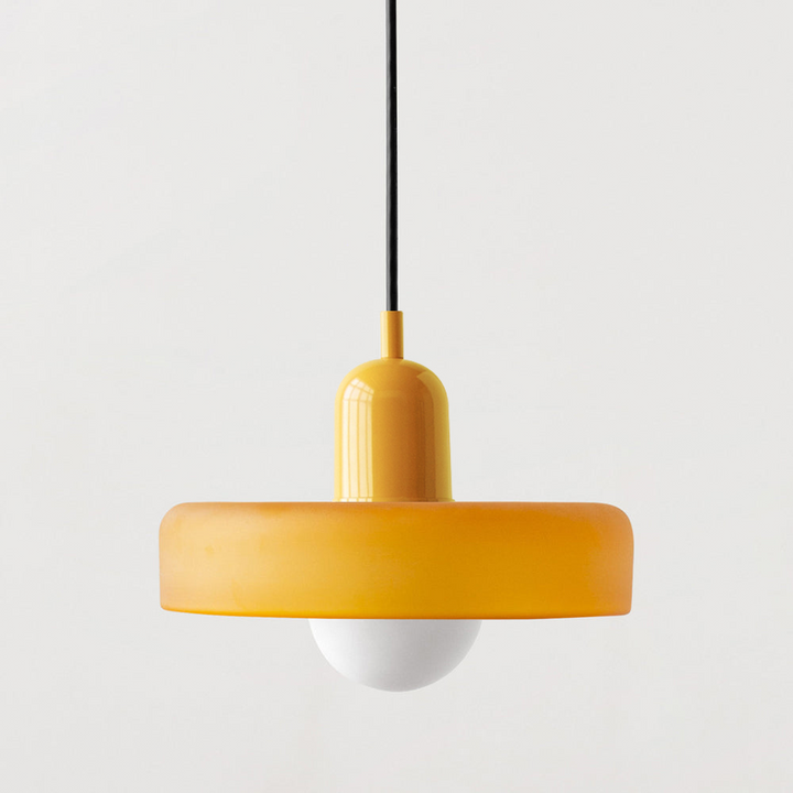 "Colourful glass pendant lamp in Bauhaus style featuring red, green, pink, and yellow stained glass for artistic decor."