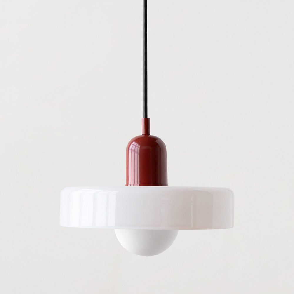 "Colourful glass pendant lamp in Bauhaus style featuring red, green, pink, and yellow stained glass for artistic decor."