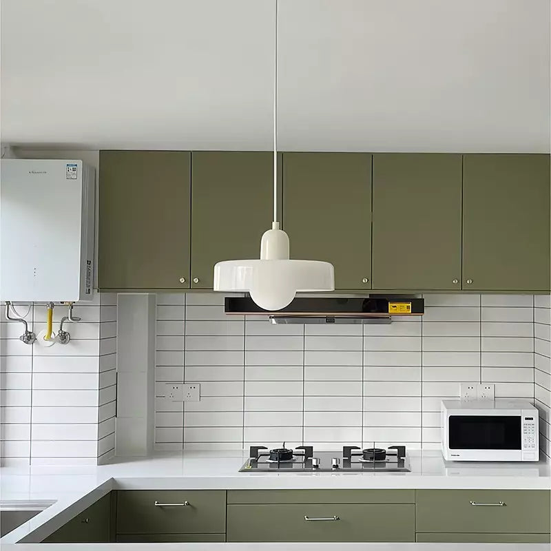 "Colourful glass pendant lamp in Bauhaus style featuring red, green, pink, and yellow stained glass for artistic decor."