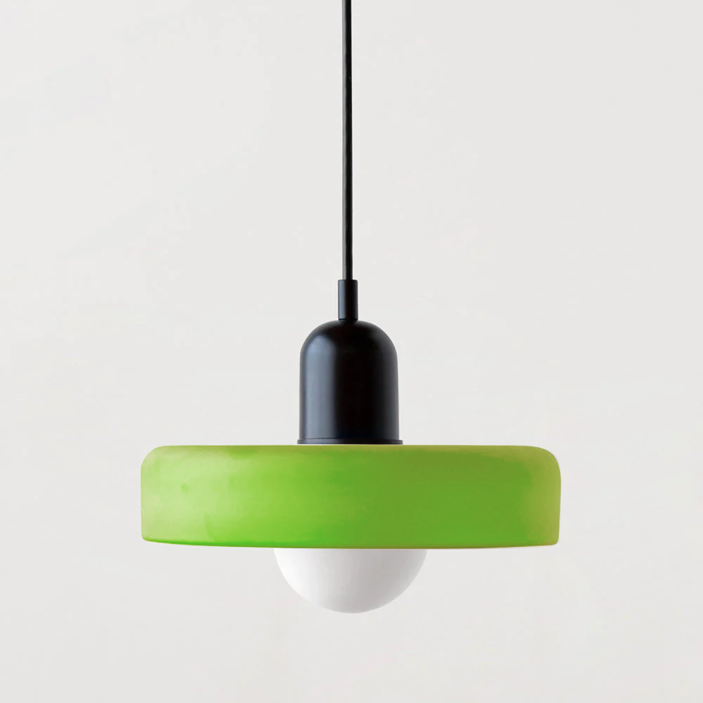 "Colourful glass pendant lamp in Bauhaus style featuring red, green, pink, and yellow stained glass for artistic decor."