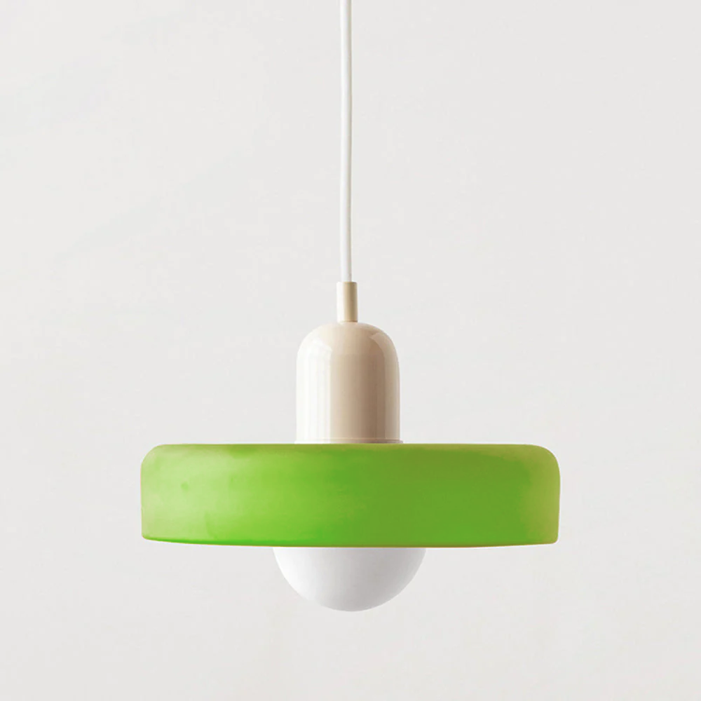 "Colourful glass pendant lamp in Bauhaus style featuring red, green, pink, and yellow stained glass for artistic decor."
