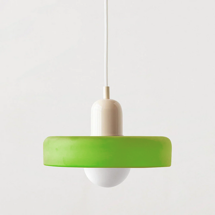 "Colourful glass pendant lamp in Bauhaus style featuring red, green, pink, and yellow stained glass for artistic decor."