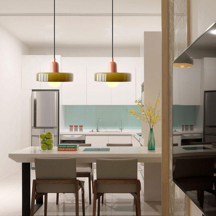 "Colourful glass pendant lamp in Bauhaus style featuring red, green, pink, and yellow stained glass for artistic decor."