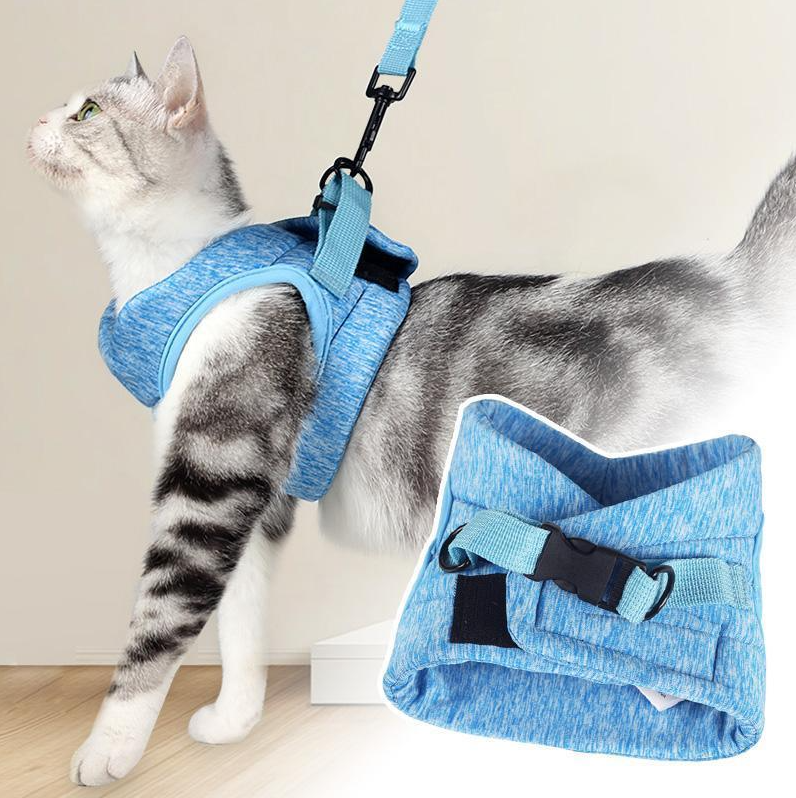 "Comfortable cat harness with lead, anti-escape design, adjustable straps, front view, for safe outdoor adventures."