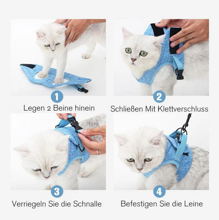 "Comfortable cat harness with lead, anti-escape design, adjustable straps, front view, for safe outdoor adventures."