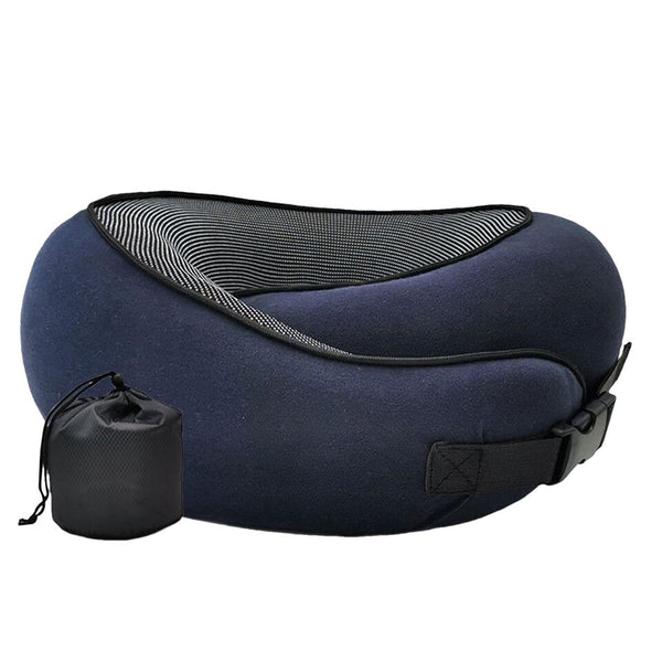 Comfortable travel neck pillow in black, breathable fabric, ergonomic design for neck support, lightweight and portable.