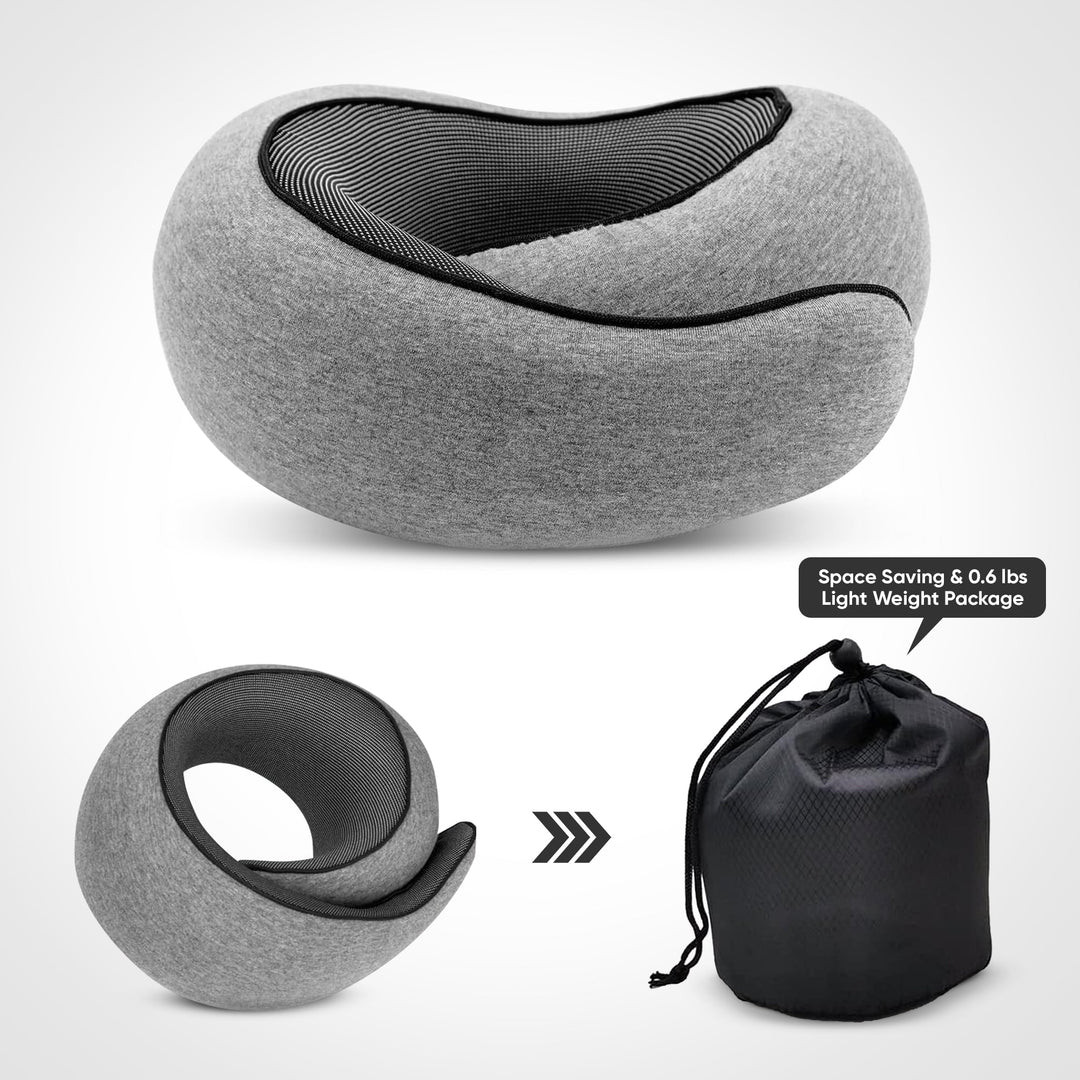 Comfortable travel neck pillow in black, breathable fabric, ergonomic design for neck support, lightweight and portable.