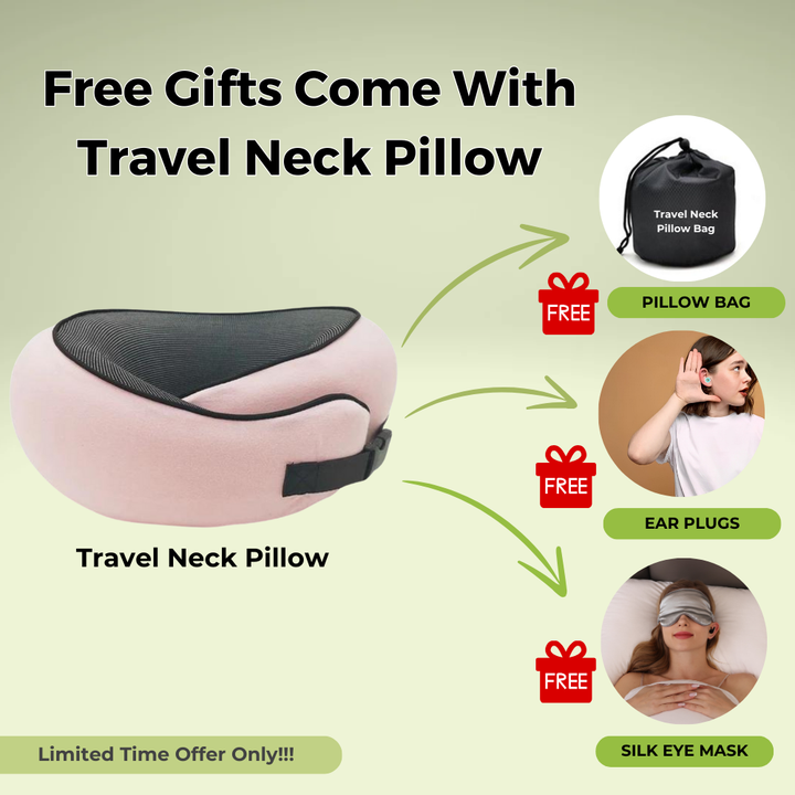 Comfortable travel neck pillow in black, breathable fabric, ergonomic design for neck support, lightweight and portable.