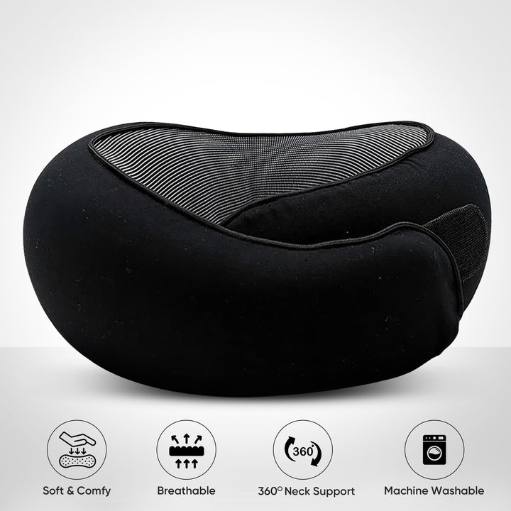 Comfortable travel neck pillow in black, breathable fabric, ergonomic design for neck support, lightweight and portable.