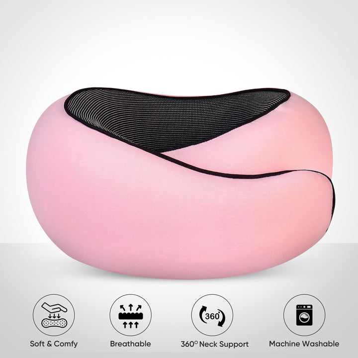 Comfortable travel neck pillow in black, breathable fabric, ergonomic design for neck support, lightweight and portable.