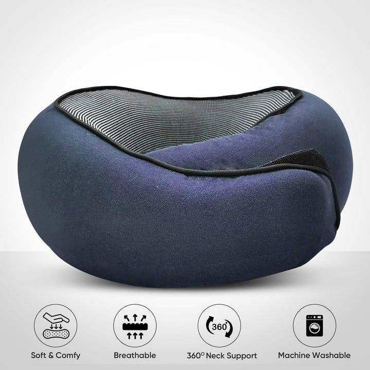 Comfortable travel neck pillow in black, breathable fabric, ergonomic design for neck support, lightweight and portable.
