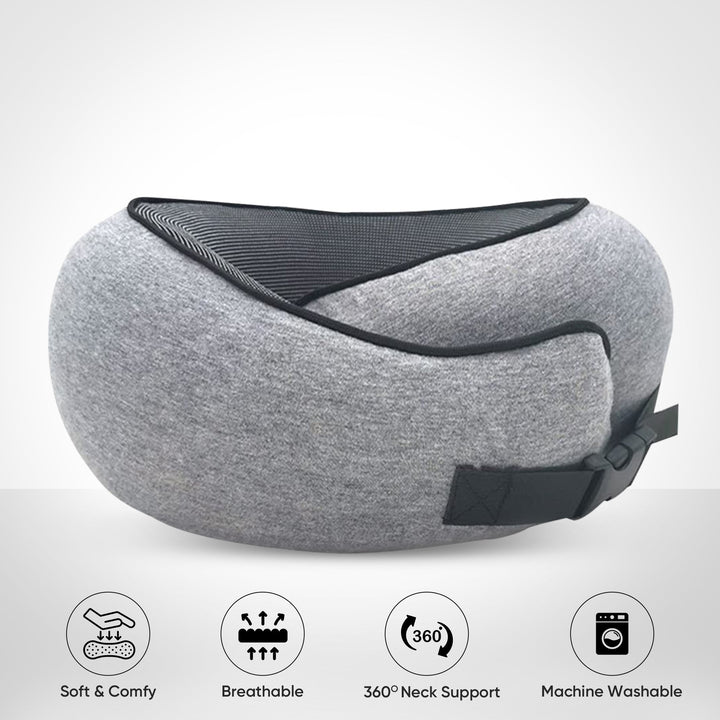 Comfortable travel neck pillow in black, breathable fabric, ergonomic design for neck support, lightweight and portable.