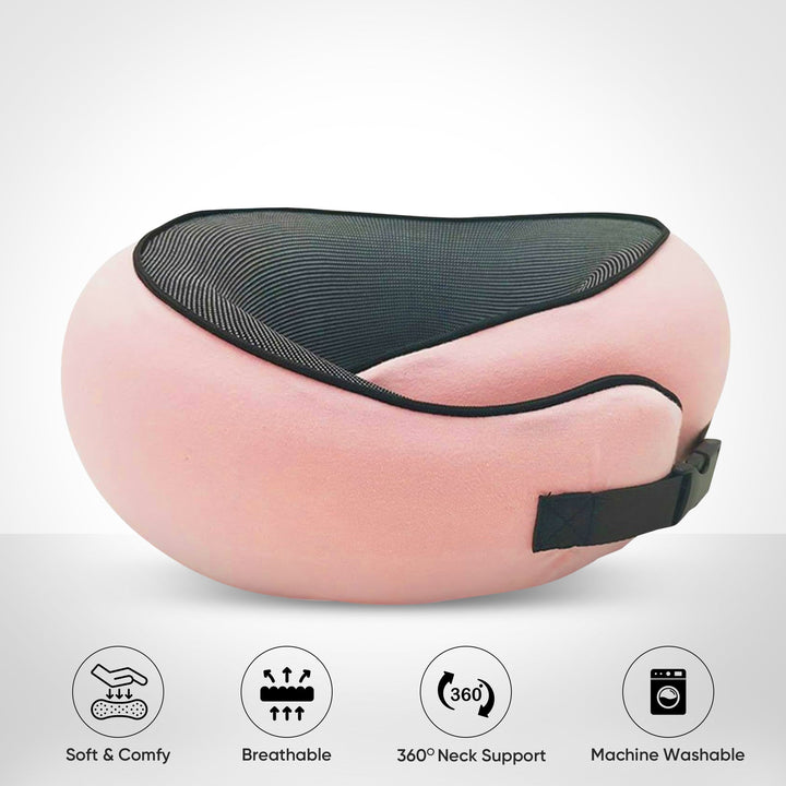 Comfortable travel neck pillow in black, breathable fabric, ergonomic design for neck support, lightweight and portable.