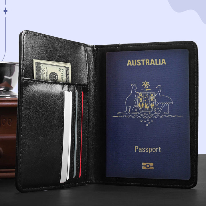 Compact Australian passport wallet in eco-friendly PU leather with organized compartments for travel essentials.