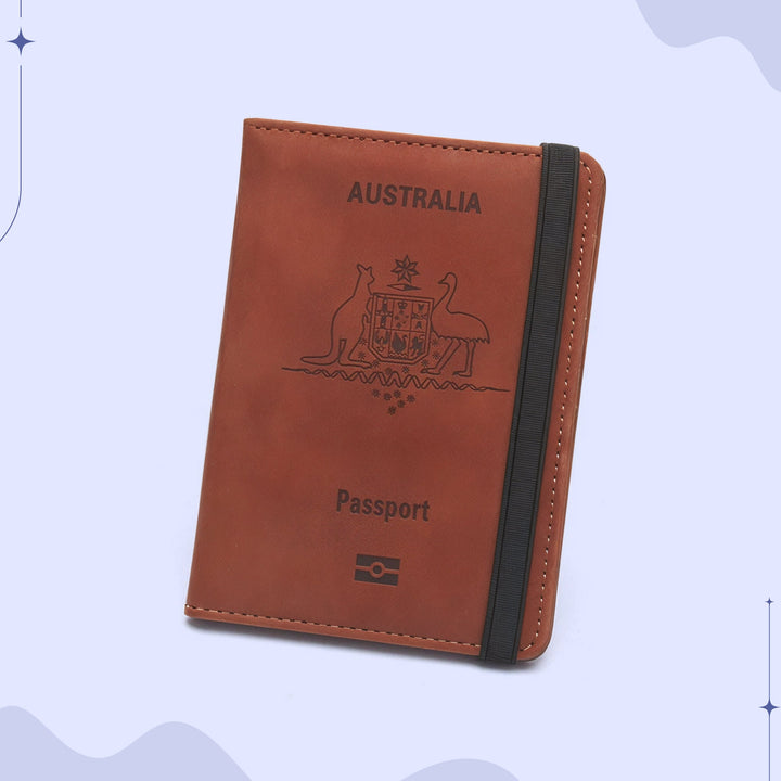 Compact Australian passport wallet in eco-friendly PU leather with organized compartments for travel essentials.