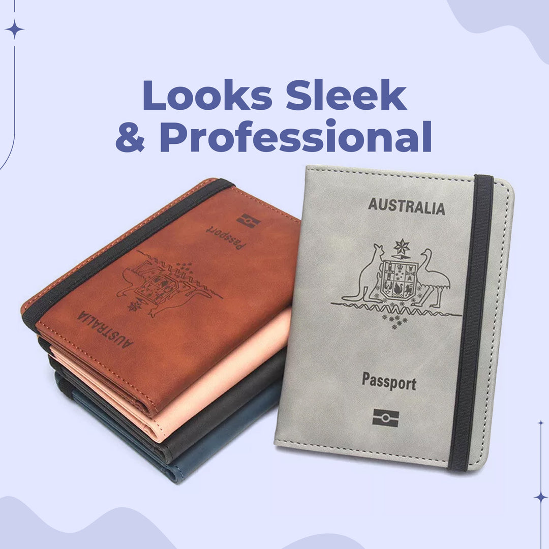 Compact Australian passport wallet in eco-friendly PU leather with organized compartments for travel essentials.