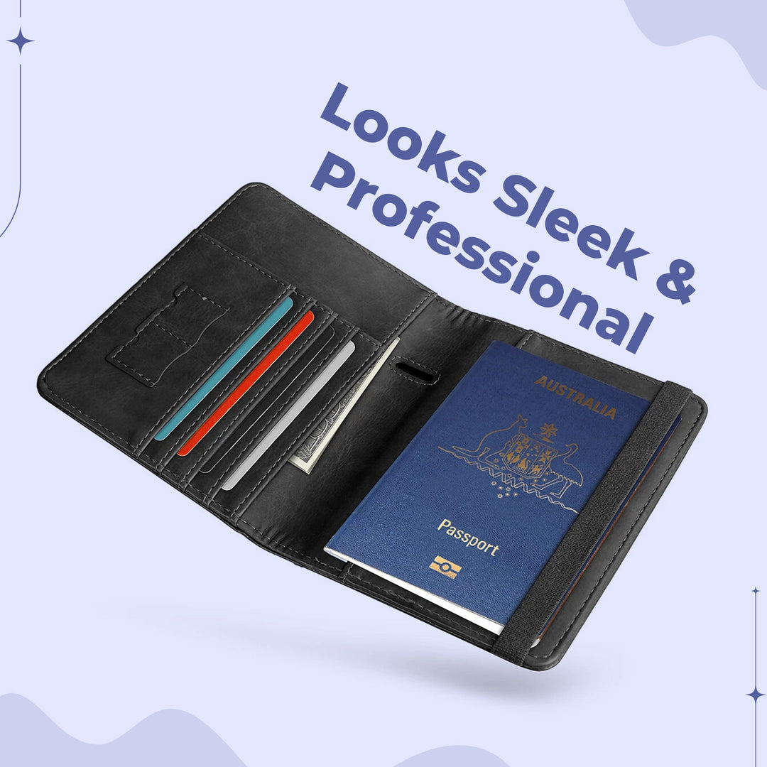 Compact Australian passport wallet in eco-friendly PU leather with organized compartments for travel essentials.