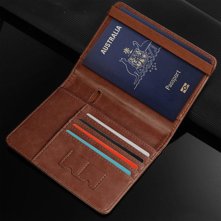 Compact Australian passport wallet in eco-friendly PU leather with organized compartments for travel essentials.