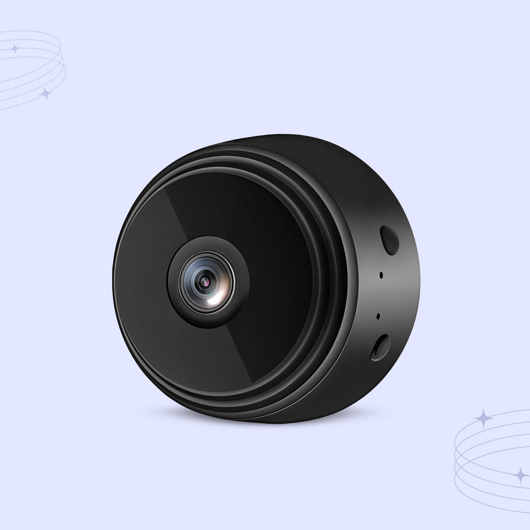"Compact black wireless indoor security camera with 360° view, ideal for home safety. Captures 1080P HD video, WiFi-enabled."