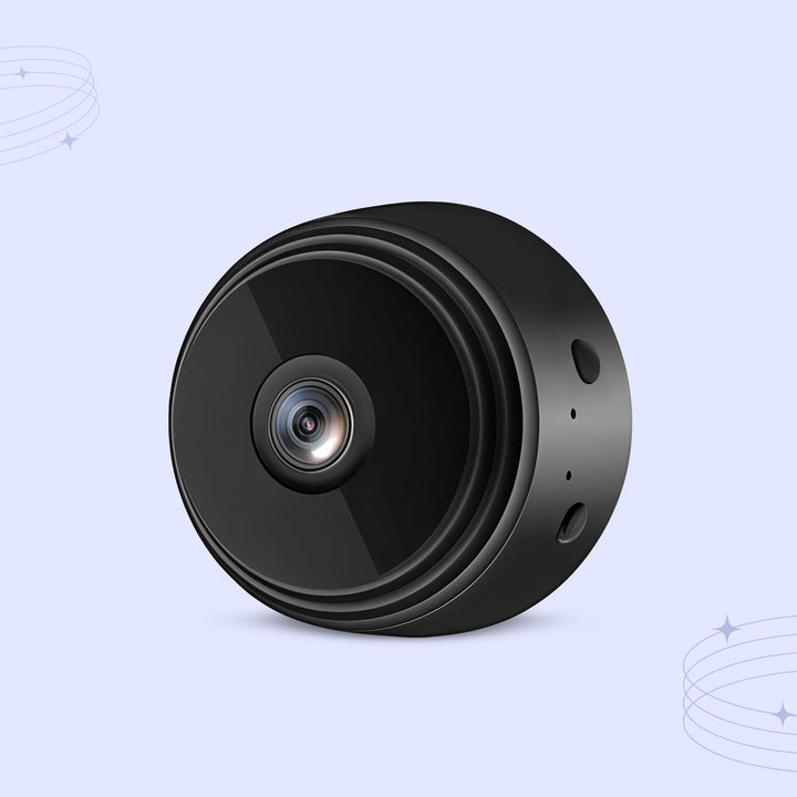 "Compact black wireless indoor security camera with 360° view, ideal for home safety. Captures 1080P HD video, WiFi-enabled."