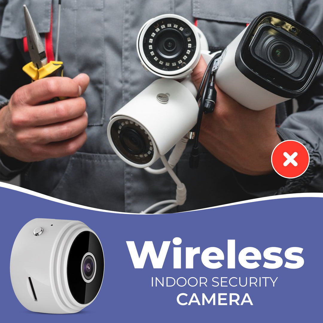 "Compact black wireless indoor security camera with 360° view, ideal for home safety. Captures 1080P HD video, WiFi-enabled."