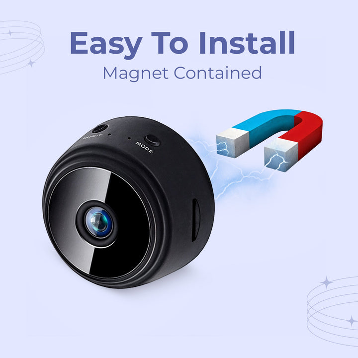 "Compact black wireless indoor security camera with 360° view, ideal for home safety. Captures 1080P HD video, WiFi-enabled."
