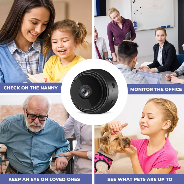 "Compact black wireless indoor security camera with 360° view, ideal for home safety. Captures 1080P HD video, WiFi-enabled."